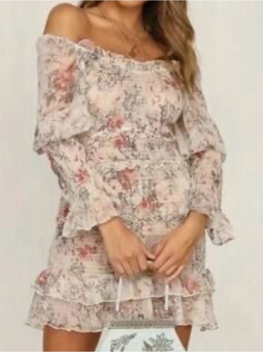 SNDYS Floral Off-Shoulder Ruffle Mini Dress - Cream & Pink